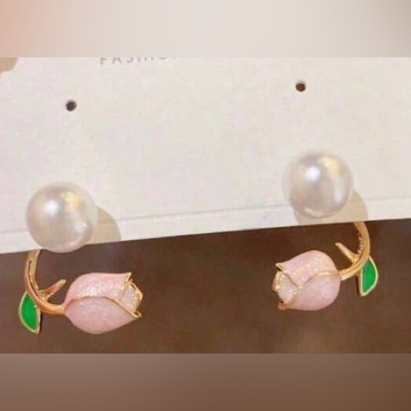 Pearl and Pink Tulip Earrings - Picture 2 of 2